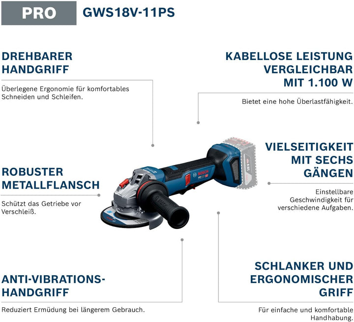 Bosch PRO 18V System Akku-Winkelschleifer GWS18V-11PS Ohne Akku/Lader, Ohne Akku/Lader