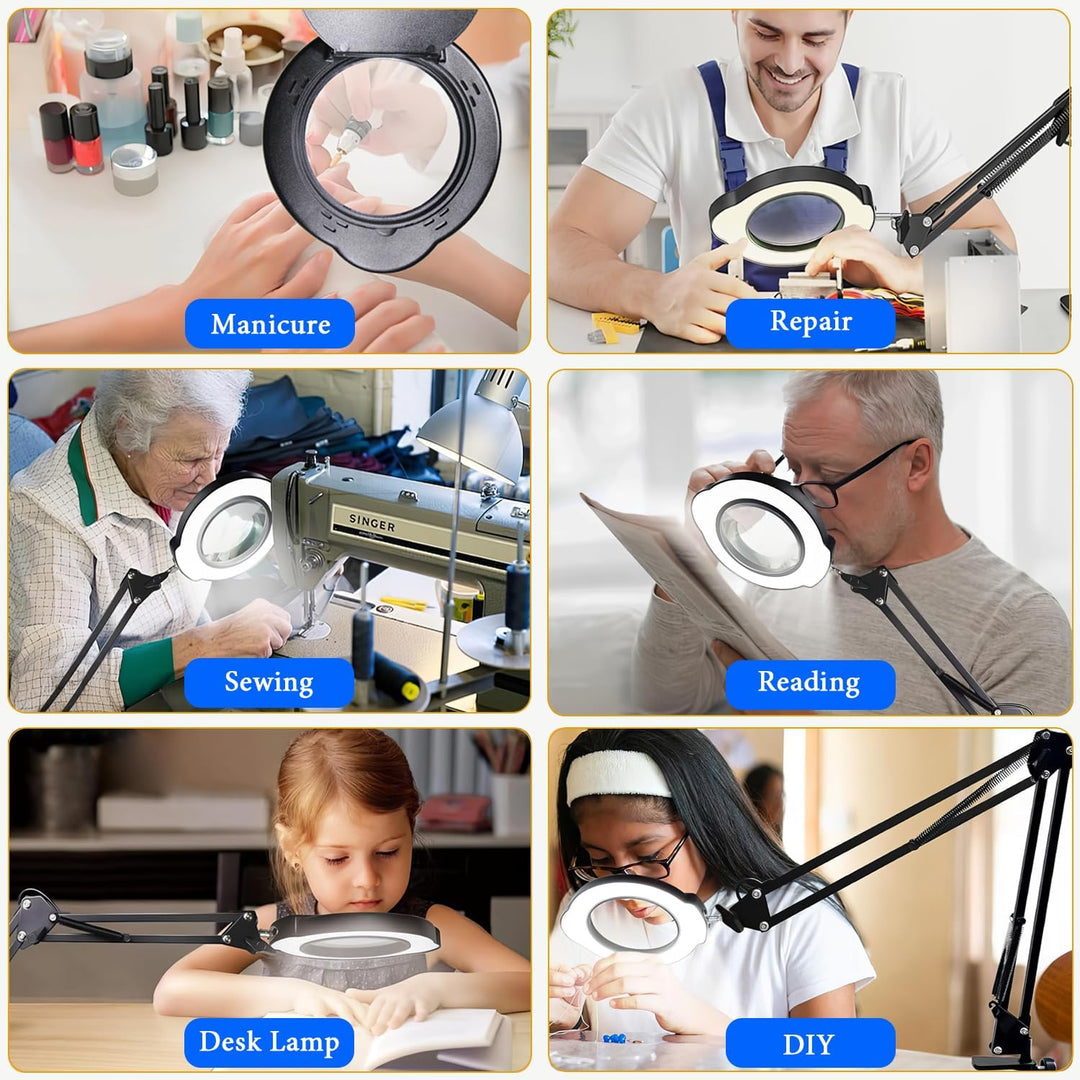 15X Magnifying Glass Desk Lamp with Clamp and Base, Real Glass Lens, 84 LEDs, 5 Color Modes Dimmable