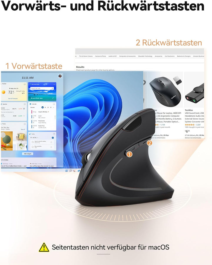 TechRise Ergonomische Maus, 2.4G USB Kabellose Vertikale Maus, Optisch Leise Maus mit 4800/3200/2400
