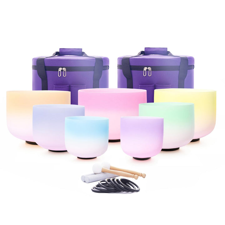 Hye-eun Kristall Klangschalen Set,7Pcs 432 Hz Crystal Singing Bowl (7-12 Zoll) mit Rainbow zweifarbi
