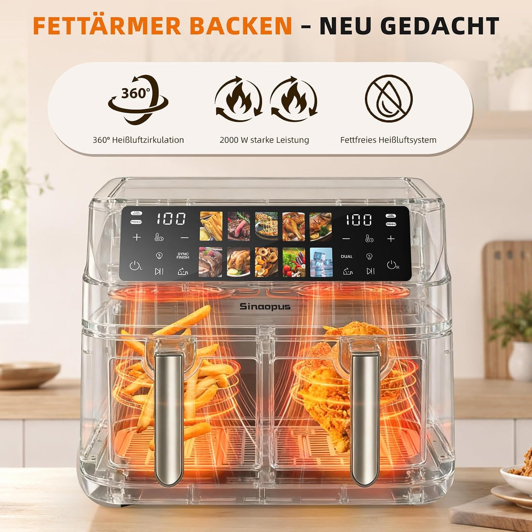 Air Fryer 9L 2000 W, Heissluftfritteuse 2 Kammern mit kühlem Griff | Digitaler Touchscreen, Sichtfen