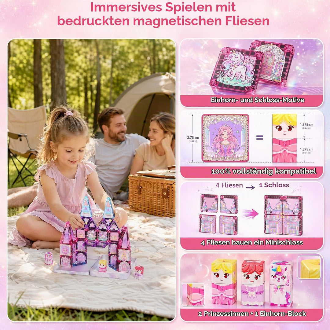 Magnetische Bausteine Reisespielzeug für Mädchen: 42pcs Prinzessin &amp; Einhorn Tiles in Tragbarer Meta