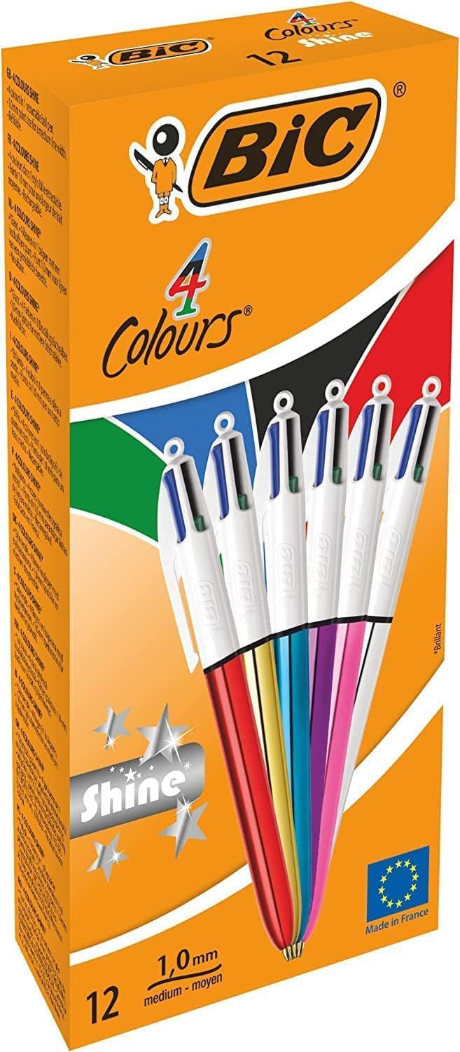 BIC 4 Farben Kugelschreiber Set 4 Colours Shine, in verschiedenen Farben, 12er Pack, Ideal für das B