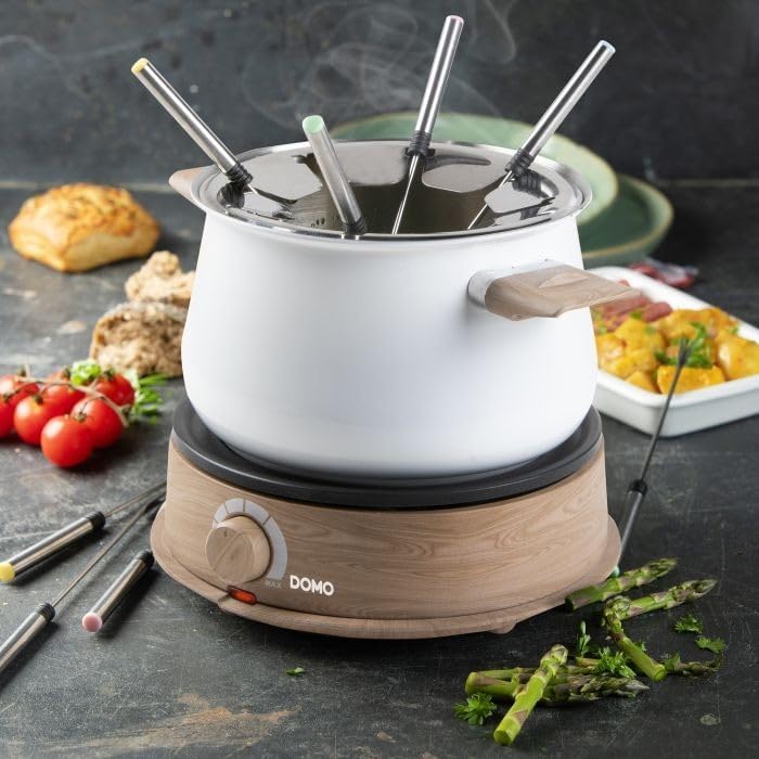 DOMO DO736F Fondue 1500 W Kontrollleuchte, 8 Fonduegabeln Holz, Weiss