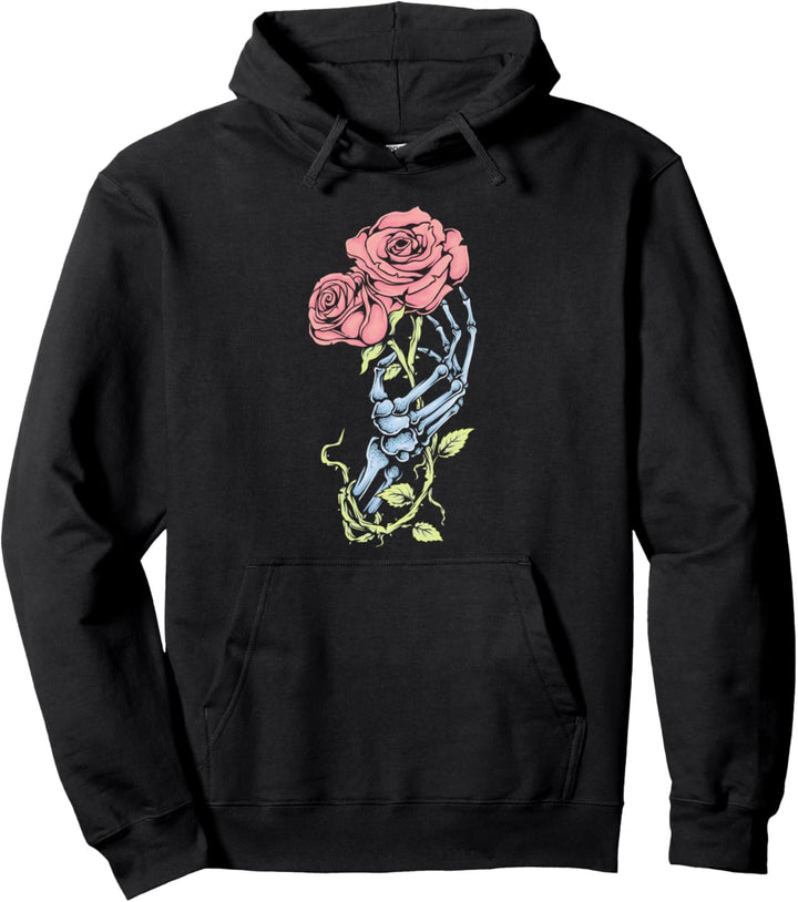 Aesthetic Skeleton Hand & Rose Pastel Goth Dark Gothic Punk Pullover Hoodie