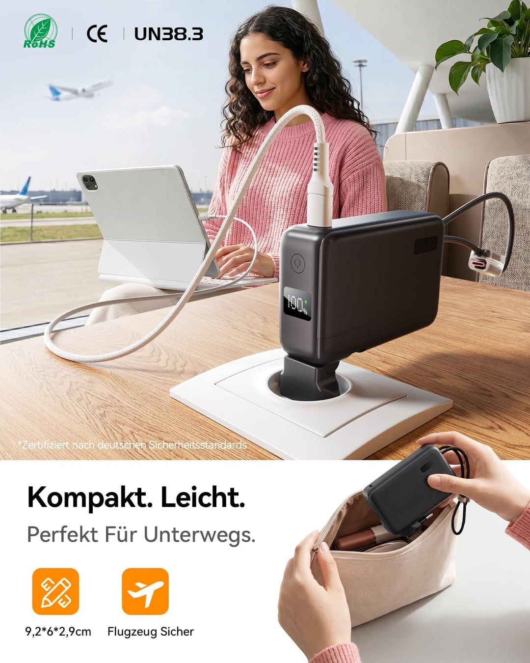 Power Bank 10000mAh, Powerbank für iPhone mit Integriertem Klappbaren EU-Stecker & Robuste USB-C & i