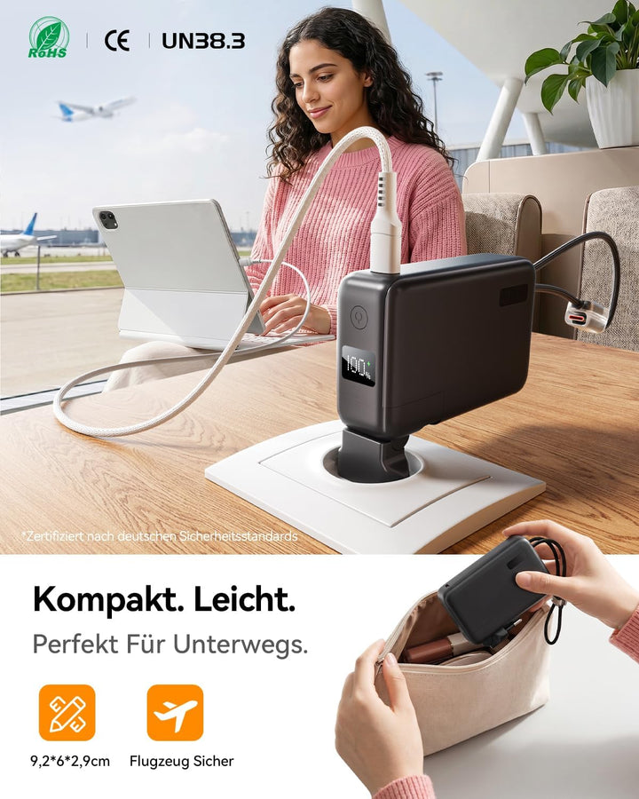 Power Bank 10000mAh, Powerbank für iPhone mit Integriertem Klappbaren EU-Stecker & Robuste USB-C & i