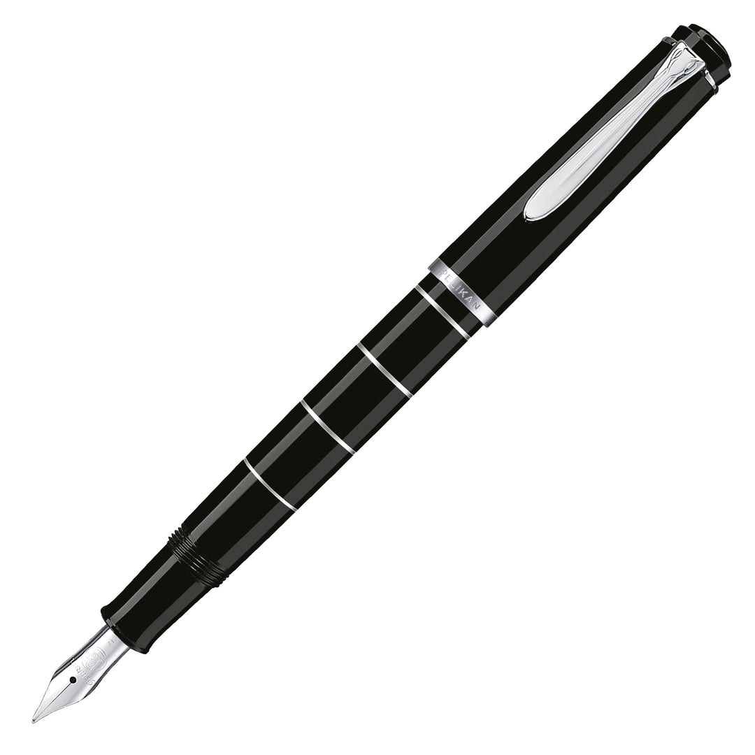 Pelikan Füllhalter Classic 215, Schwarz-Ringe, Feder B (breit), hochwertiger Kolbenfüller im Geschen