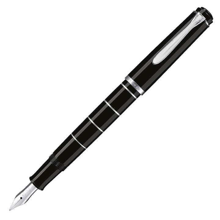 Pelikan Füllhalter Classic 215, Schwarz-Ringe, Feder B (breit), hochwertiger Kolbenfüller im Geschen