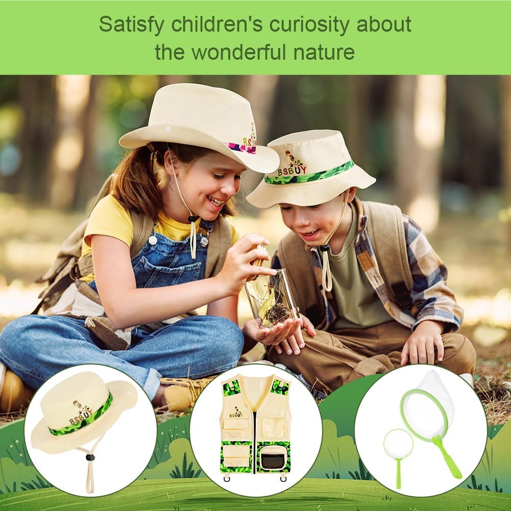 Forscherset für Kinder 4Pcs Exploration Spielzeug mit Frachtweste Hut Insektennetz und Lupe Outdoor