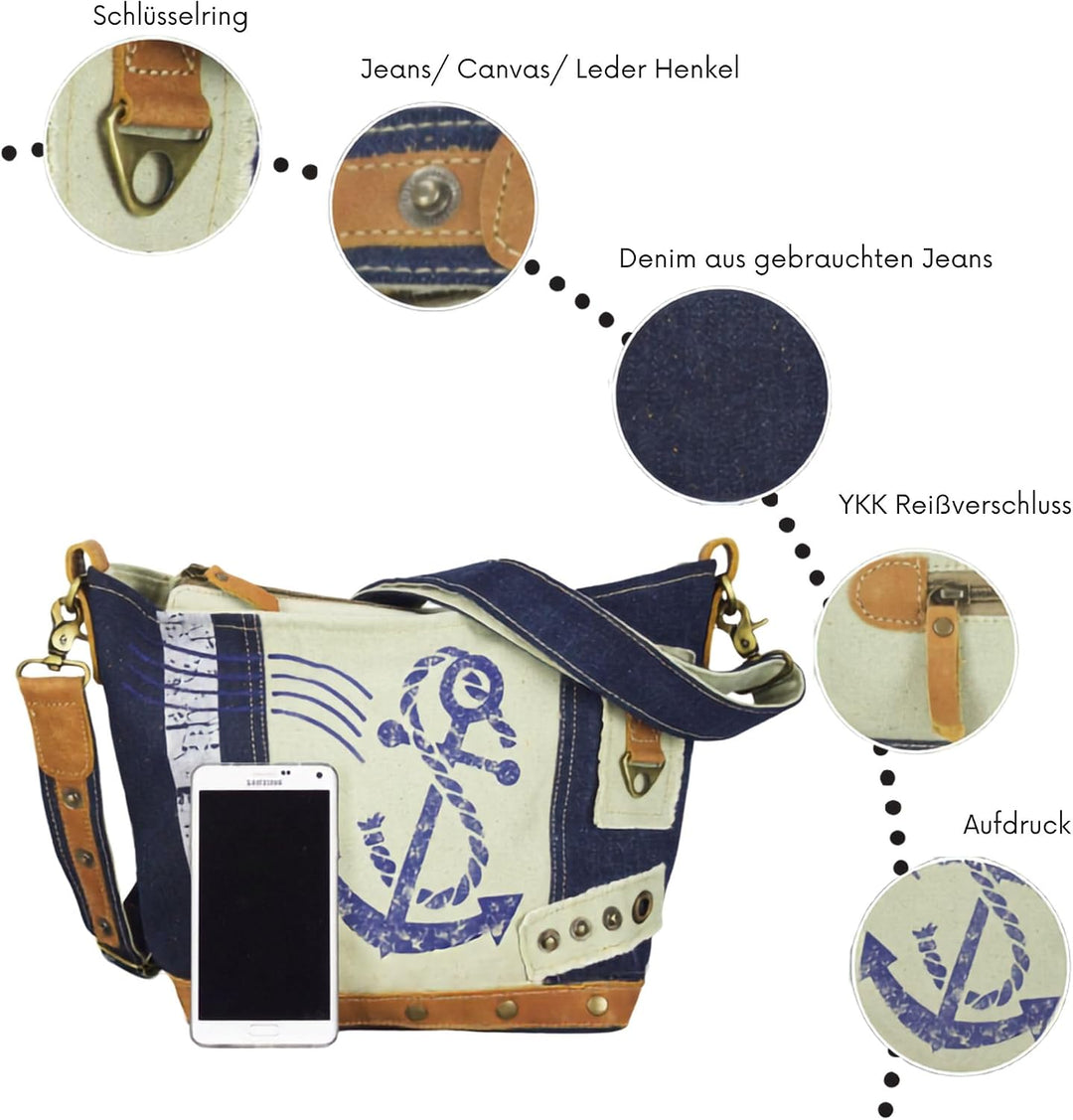 Sunsa Damen Tasche Umhängetasche. kleine Canvas Bag mit Recycelte Jeans und Leder. Vintage Design Ta