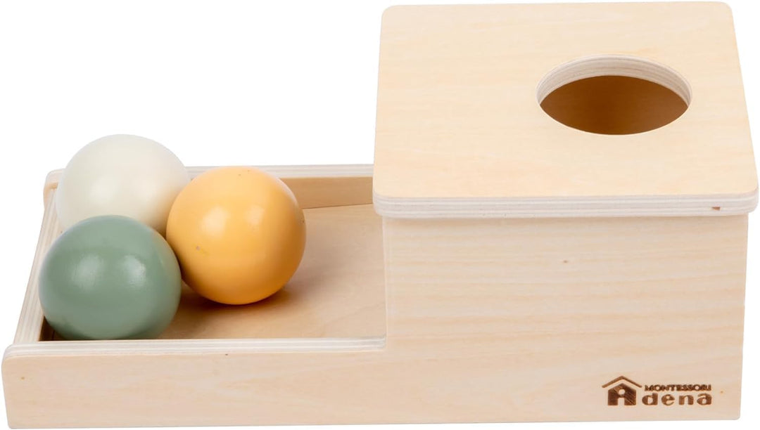 Adena Montessori Object Permanence Box mit Tablett, DREI Holzkugeln, Montessori-Spielzeug für 6–12 M