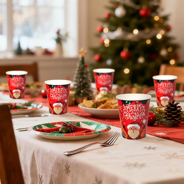 60 Stück Pappbecher WeihnachtsRot 9oz Party Tischdeko mit Cartoon Weihnachtsmann und Merry Christmas