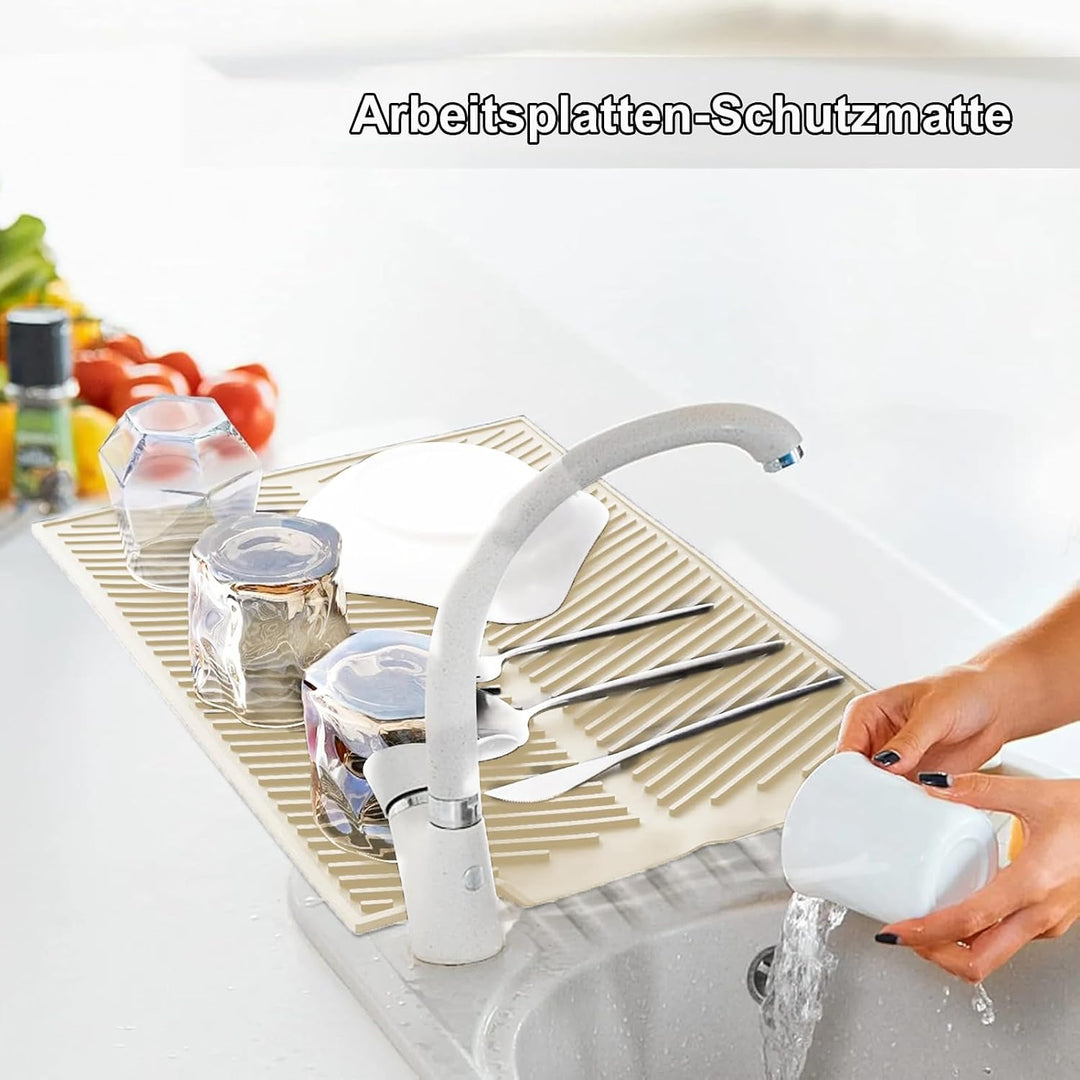 Abtropfmatte Geschirr Silikon 50 x 40 cm, Wasserablauf, Cremeweiss | Grosse Trockenfläche, Wasserabl