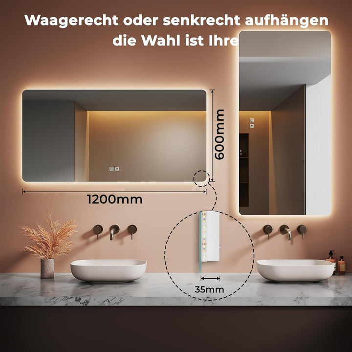 Badspiegel mit Beleuchtung, 120x60x3.5cm, Wandspiegel mit 3.5 cm kupferfreiem Glas, LED mit 3 Farben
