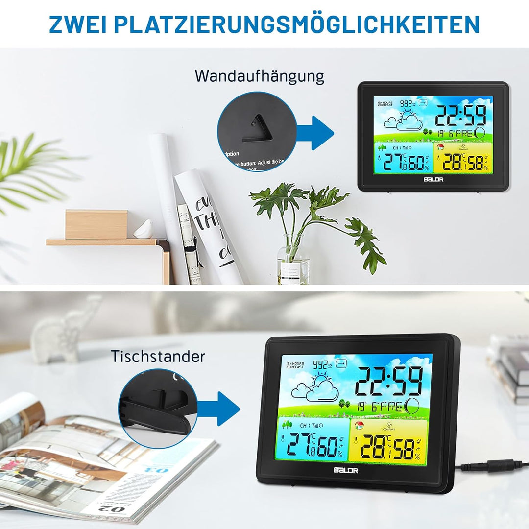 Wetterstation Funk mit Aussensensor, Innen und Aussen Temperatur/Luftfeuchte, Funkwetterstation mit