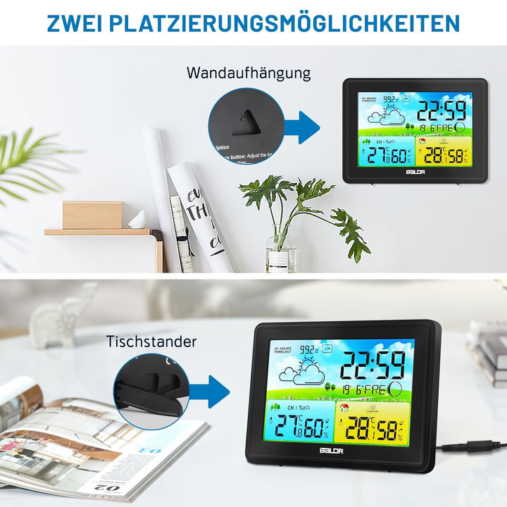 Wetterstation Funk mit Aussensensor, Innen und Aussen Temperatur/Luftfeuchte, Funkwetterstation mit