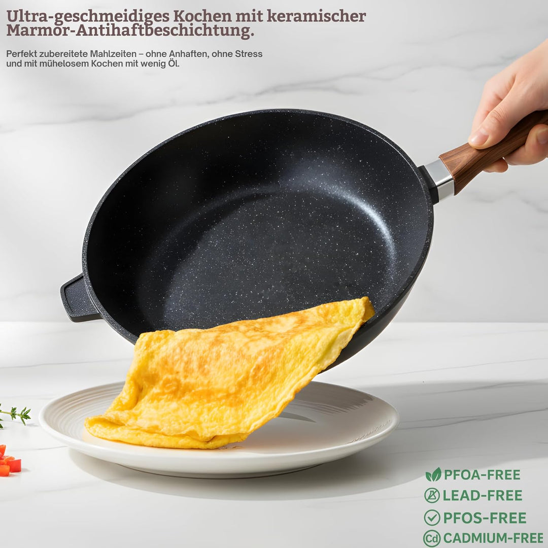 Goldmann Tiefe Bratpfanne 24 cm mit Glasdeckel – Aluminiumguss-Pfanne mit Keramik-Marmor Antihaftbes