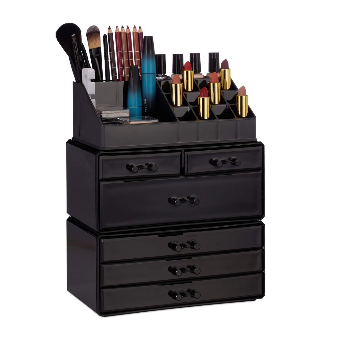 Relaxdays 2 x Kosmetikorganizer mit 6 Schubladen, 22 Fächer Make Up Organizer, grosse Schmink-Aufbew