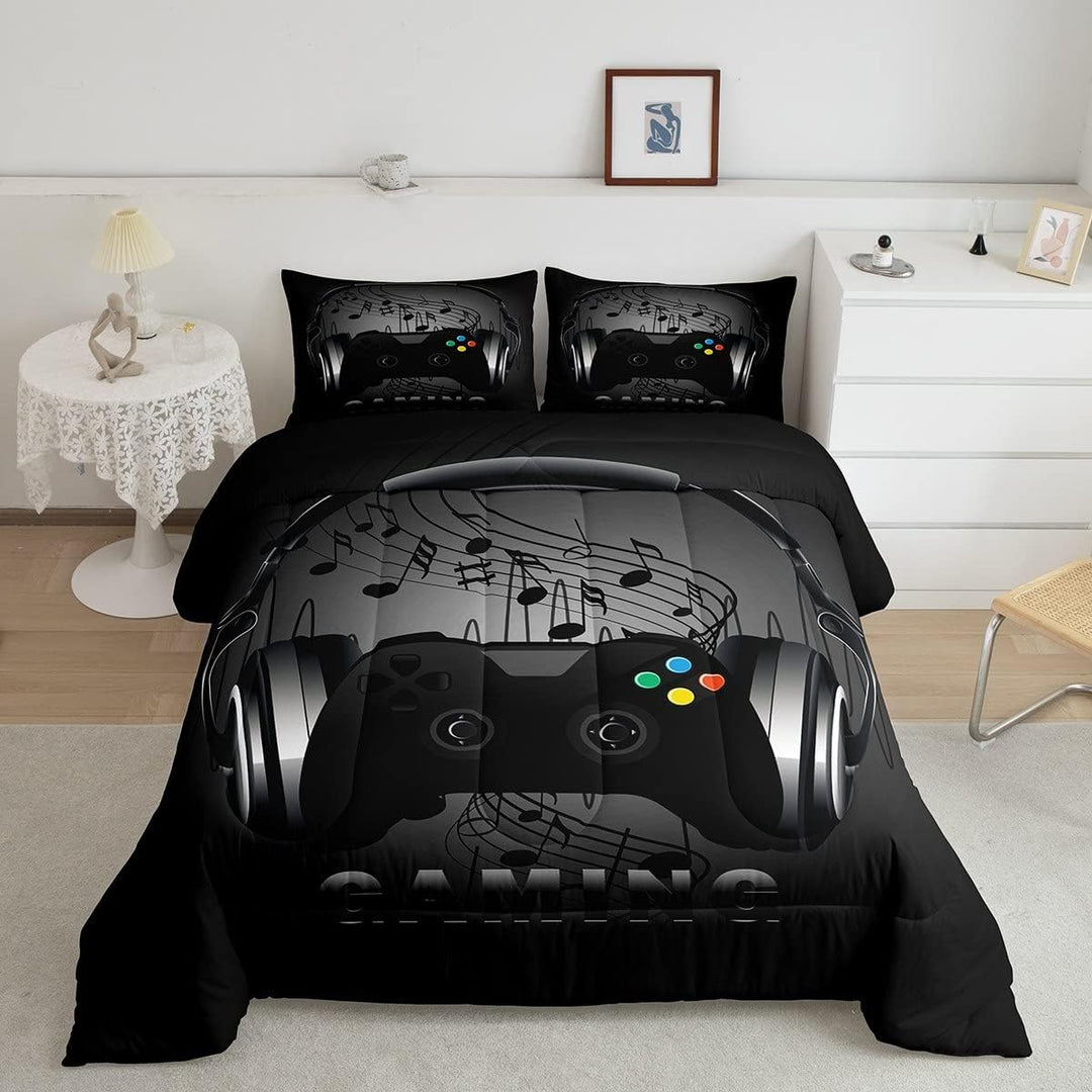 Gaming-Bettwäsche-Set mit Kopfhörern, Game-Controller, schwarz-grau, Videospiel-Dekoration, Musik-Me
