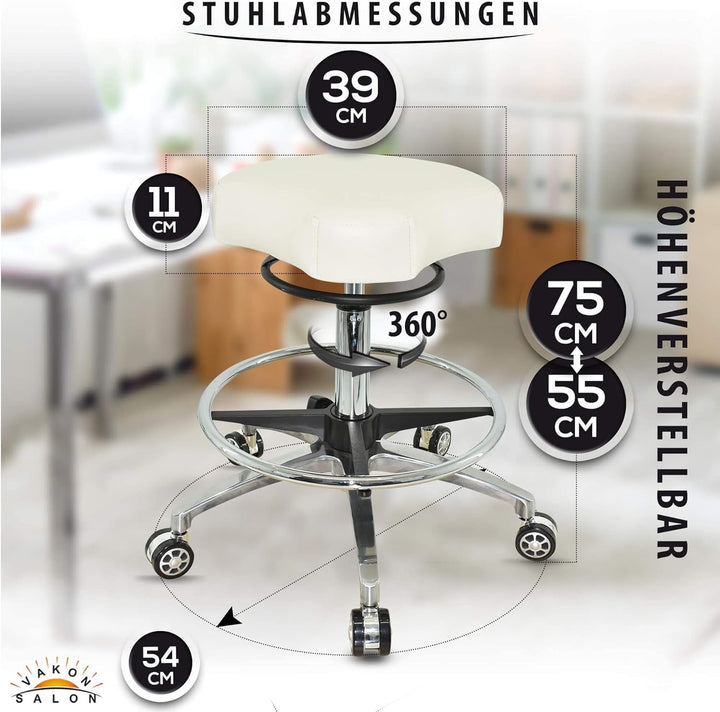 Design ergonomischer Rollhocker auf hochwertigen Rollen Weiss - Höhenverstellbarer von 55 bis 75 cm