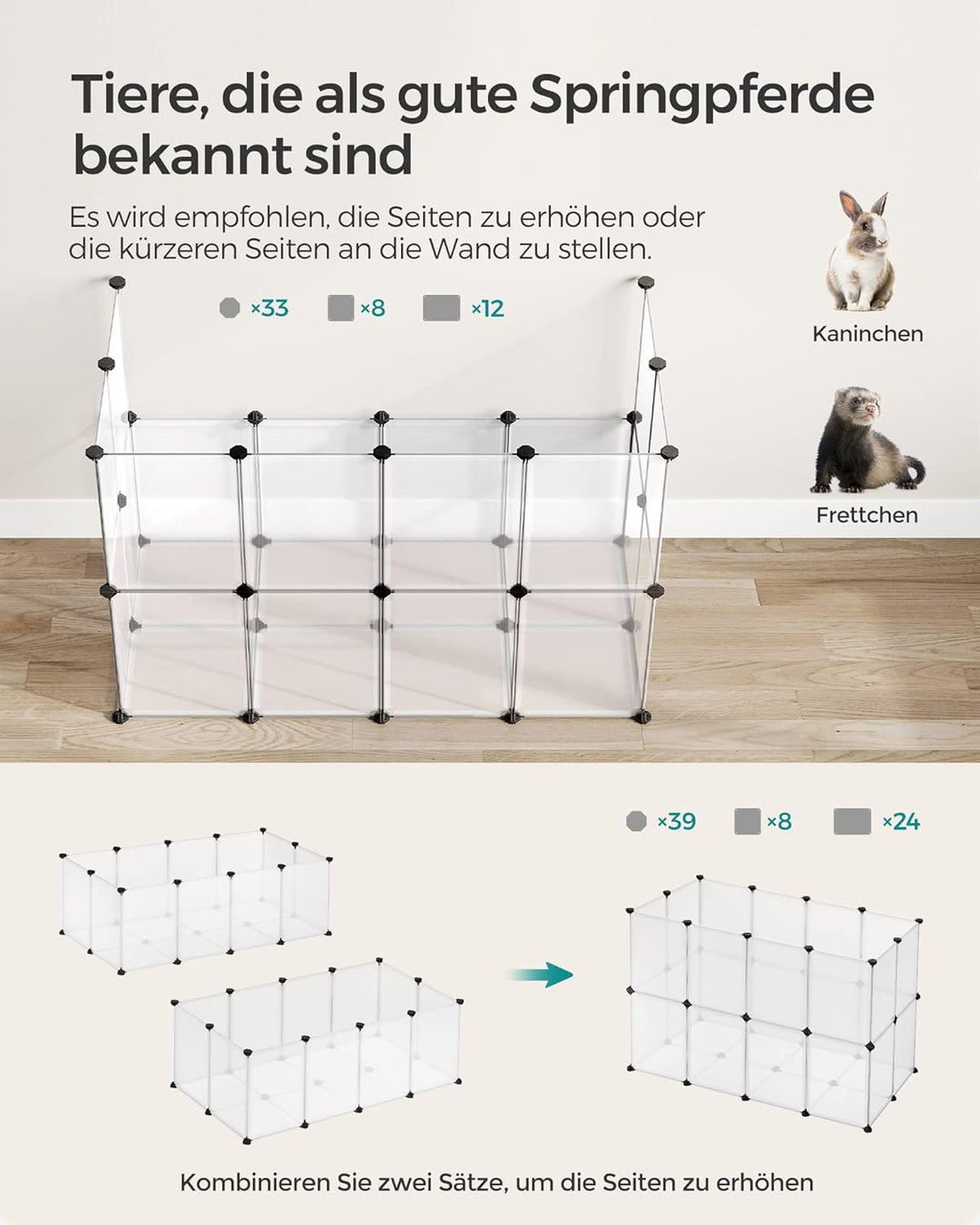 SONGMICS Freigehege mit Bodenplatten, Laufstall, Meerschweinchen Gehege, aus Kunststoff, Gehege für