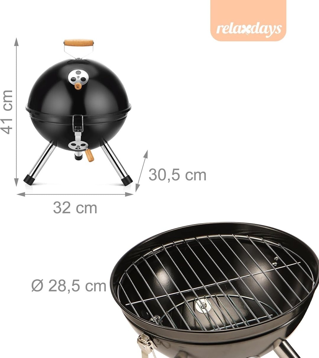 Relaxdays Mini Kugelgrill, tragbar, Ø 30 cm, Picknickgrill für Balkon & Camping, Holzkohlegrill mit