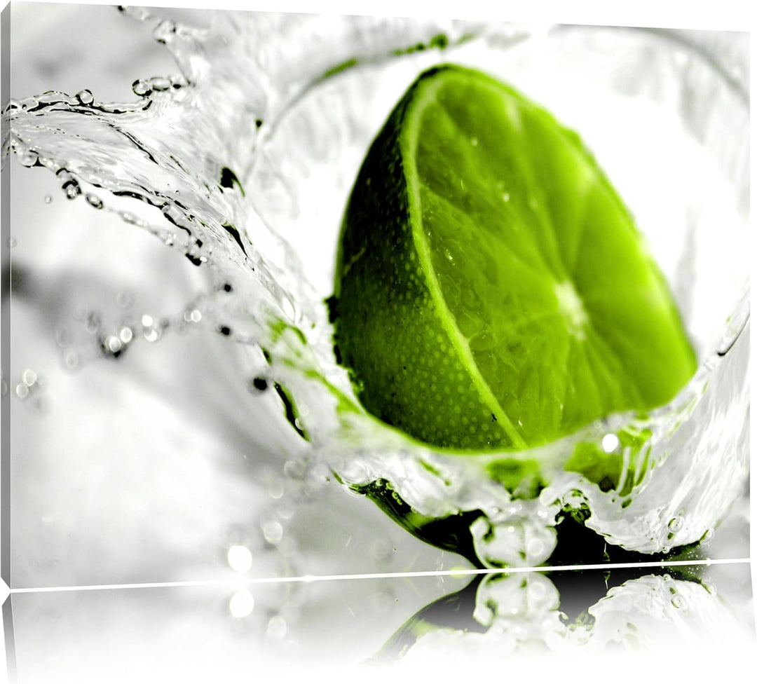 Limette fällt in Wasser Format: 100x70 auf Leinwand, XXL riesige Bilder fertig gerahmt mit Keilrahme