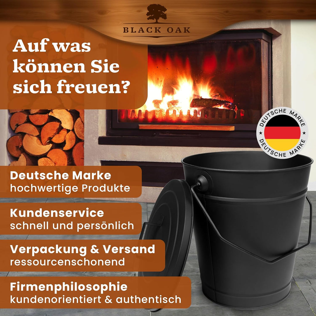 BLACK OAK Ascheeimer ETNA 14L – schwarz mit Deckel - gross 14 Liter - Stahl feuerfest verzinkt & pul