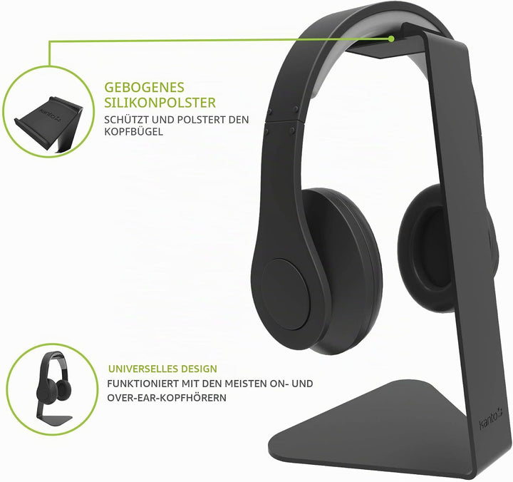 Kanto H1 Universal Headphone Stand with Curved Silicone Padding | Black, Black