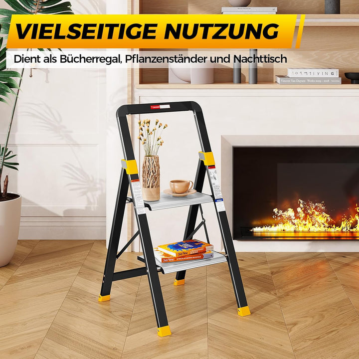 KINGRACK Trittleiter 2 Stufen Klappbar Aluminium, Klappleiter mit Handlauf, Haushaltsleiter Anti-Rut