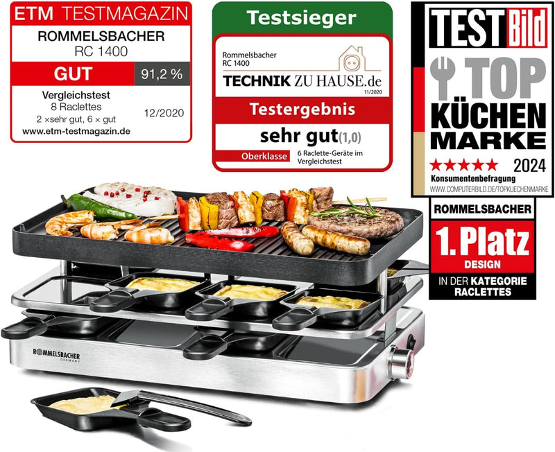 ROMMELSBACHER Raclette Grill RC 1400 - Wendeplatte zum Grillen & für Crepes, 8 Pfännchen, Antihaftbe