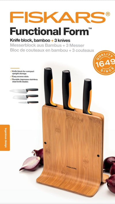 Fiskars Bambus Design-Messerblock mit 3 Messern, Functional Form, Inklusive Gemüsemesser, Santoku Ko