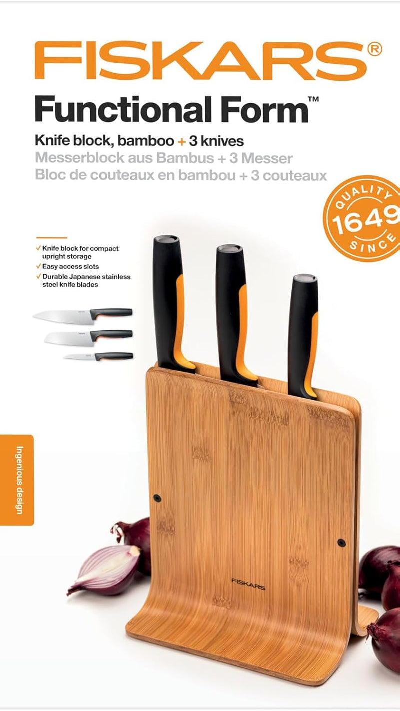 Fiskars Bambus Design-Messerblock mit 3 Messern, Functional Form, Inklusive Gemüsemesser, Santoku Ko