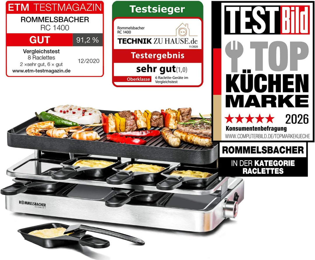 ROMMELSBACHER Raclette Grill RC 1400 - Wendeplatte zum Grillen & für Crepes, 8 Pfännchen, Antihaftbe