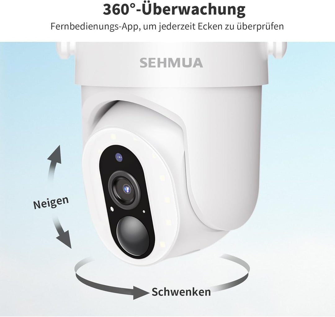 SEHMUA 2K Überwachungskamera Aussen Akku WLAN, 360° PTZ Kamera Überwachung Aussen Solar mit PIR-Erke