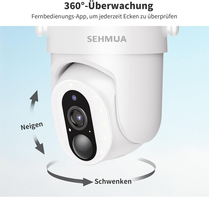 SEHMUA 2K Überwachungskamera Aussen Akku WLAN, 360° PTZ Kamera Überwachung Aussen Solar mit PIR-Erke