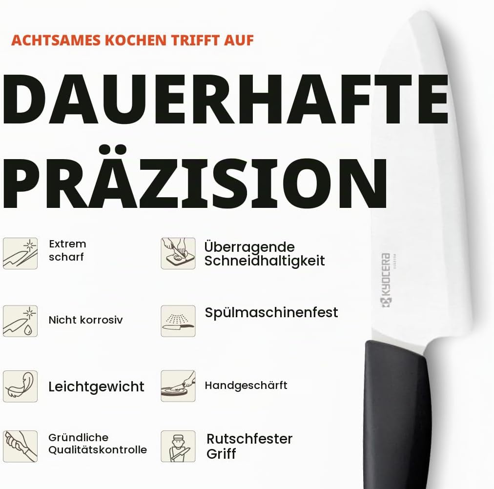 Kyocera Santoku Messer aus bruchfesterer, korrosionsfreier Zirkonia-Hochleistungskeramik (Z206). Ext
