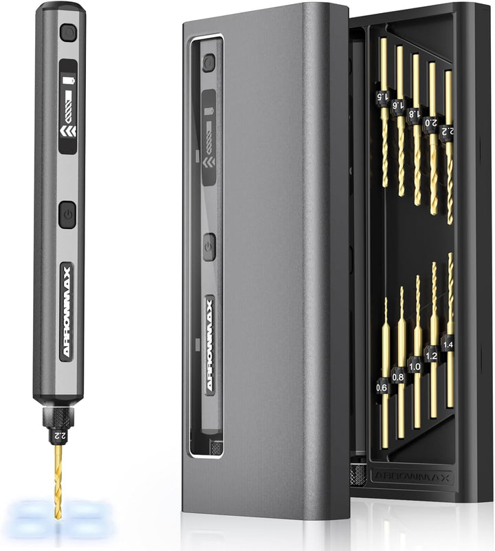 5-Gang-Elektro-Mini-Bohrstift, ARROWMAX 10 kleine Bohrer mit Aluminiumbox, OLED-Display, LED-Leuchte