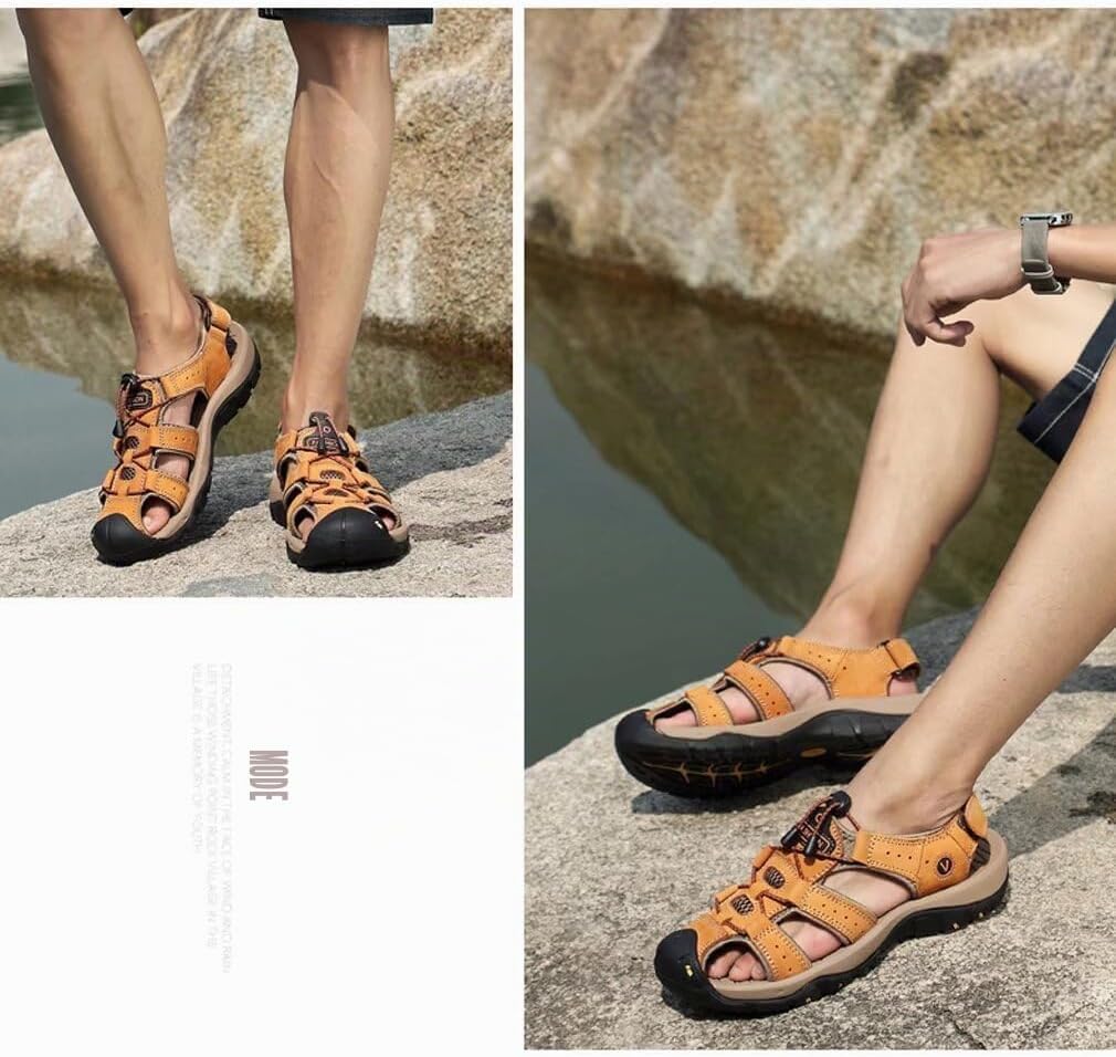 ZYLDK Sandalen Herren Leder Strand Wandersandale Trekkingsandalen Outdoorschuhe Sommer Freizeitschuh