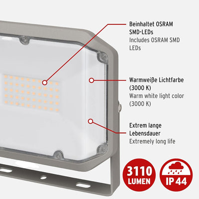 Brennenstuhl LED Strahler AL 3050 (30W, 3110lm, 3000K, IP44, LED Fluter zur Wandmontage mit warmweis
