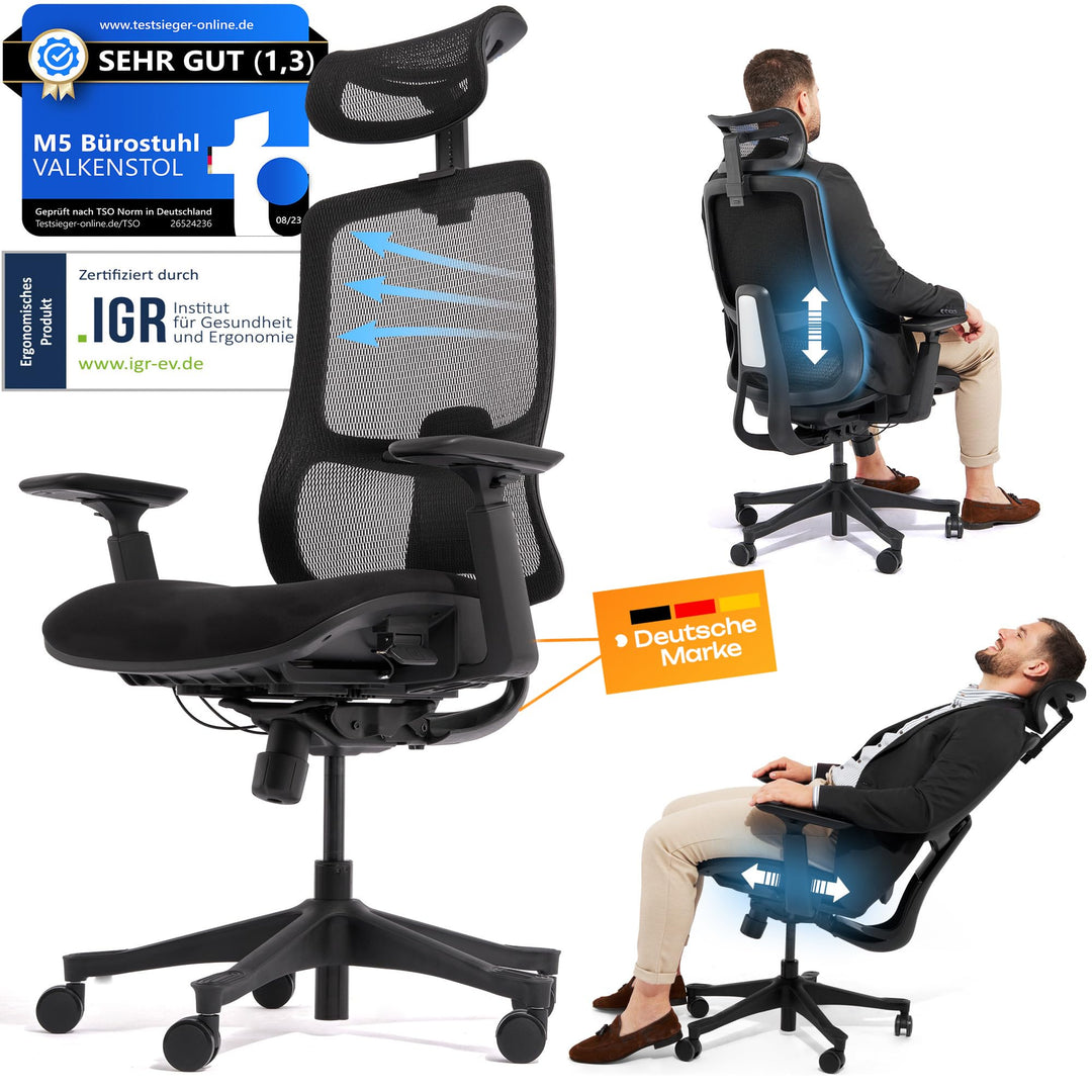 VALKENSTOL M5 Bürostuhl Ergonomisch - Höhenverstellbare Rückenlehne, Polster-Sitz - Ergonomischer Bü