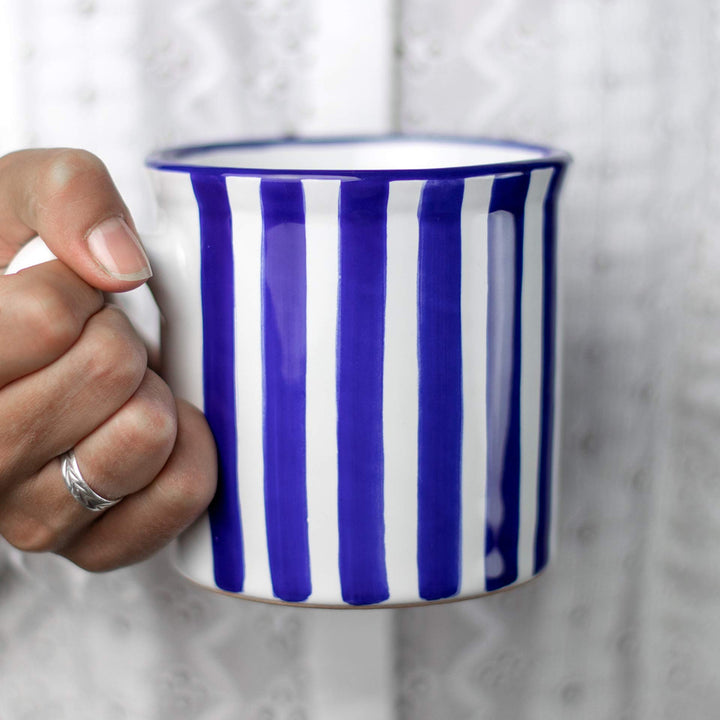 City to Cottage® - Keramik XXL Becher 500 ml | Kaffeebecher | Blau-Weiss gestreift | Handgemacht | K