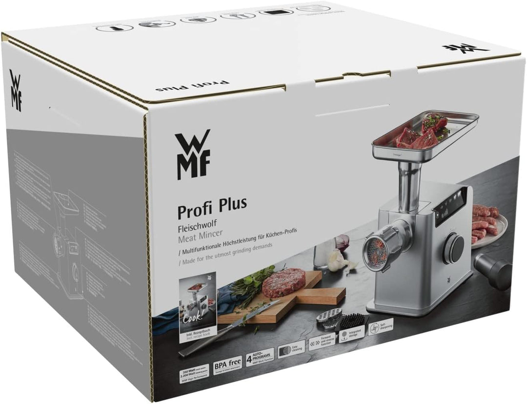WMF Profi Plus Fleischwolf elektrisch, Wurstfüllmaschine, Rücklauf, 3 Lochscheiben, Kebbe- und Sprit