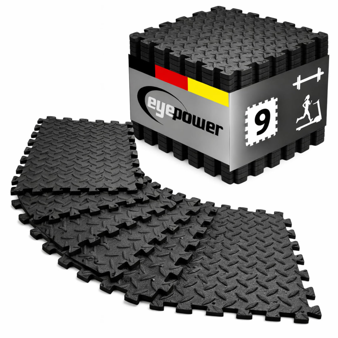 EYEPOWER Bodenschutzmatten 0,8 m² – 9er Set Fitness Bodenmatten 30×30×1 cm – rutschfeste Schutzmatte