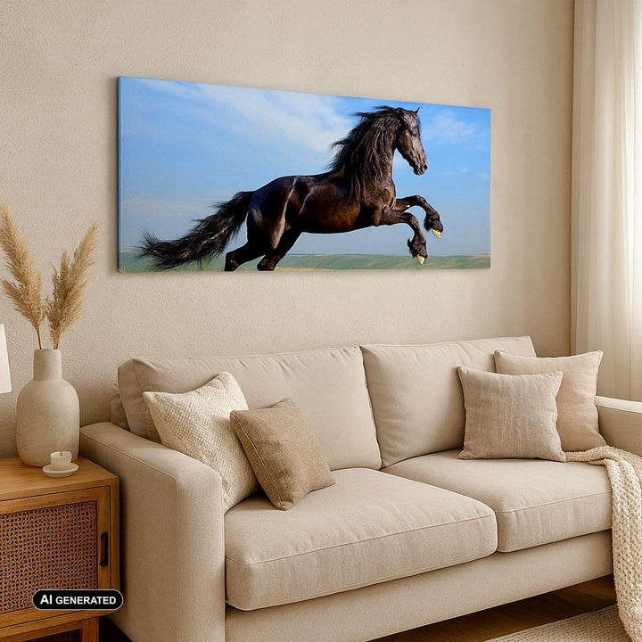 Wandbilder Dekoration Wohnzimmer Schwarzes Pferd Pferd Galopp Panorama Bilder auf Leinwand 120x50cm