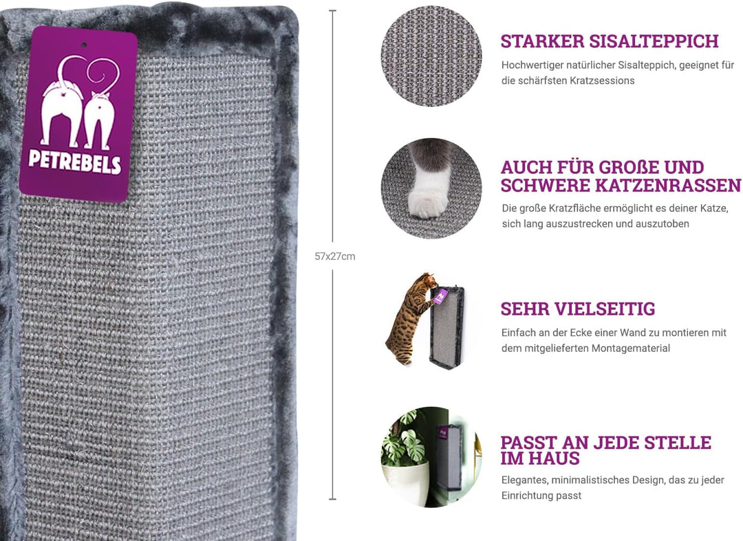 Petrebels Kratzbrett für Katzen 57 x 27 cm, Sisal Eck-Kratzbrett mit Kratzteppich und Plüsch, für Zi