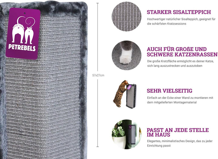 Petrebels Kratzbrett für Katzen 57 x 27 cm, Sisal Eck-Kratzbrett mit Kratzteppich und Plüsch, für Zi