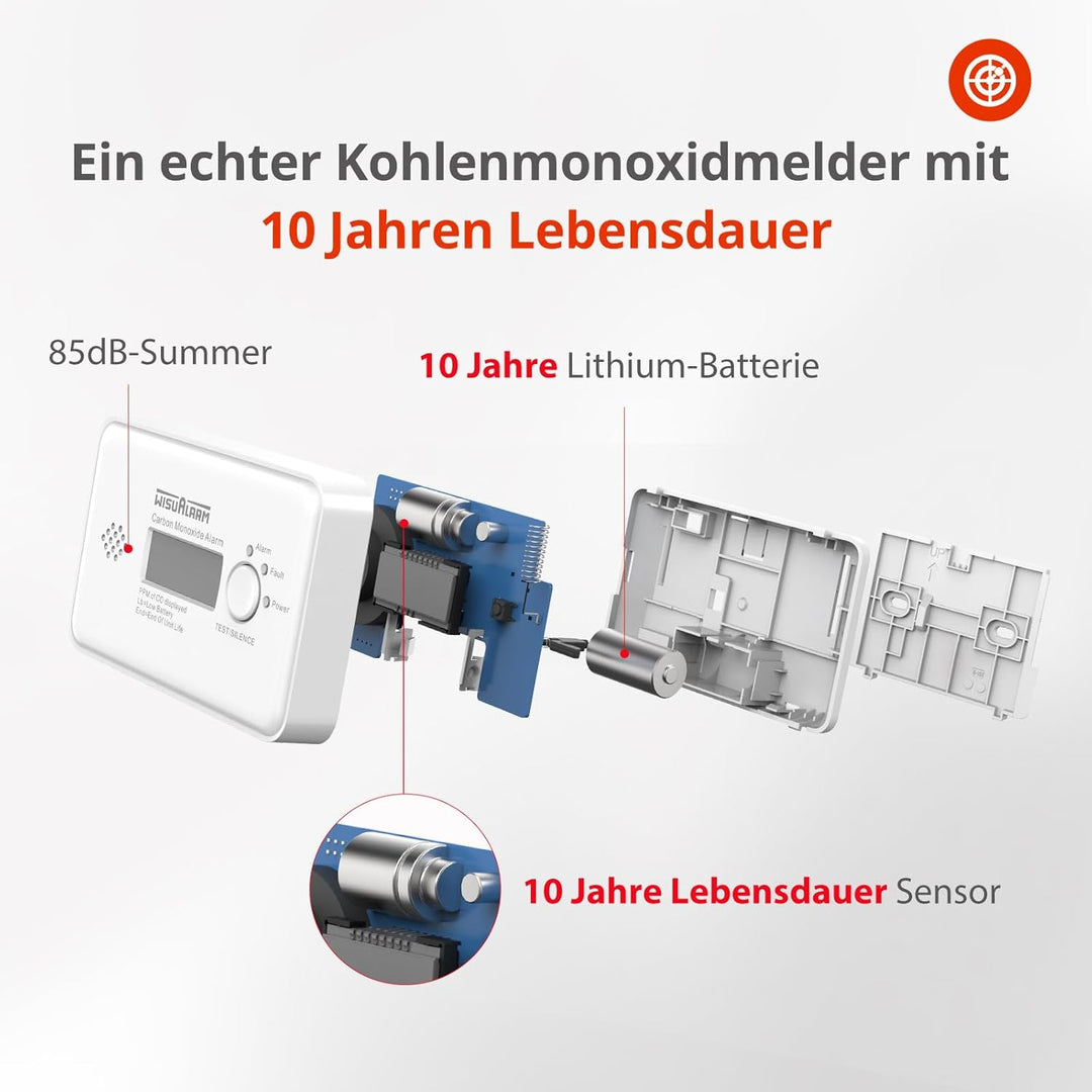 Kohlenmonoxid Melder, CO Melder, 10 Jahre Batterie kohlenmonoxid messgerät, CO Warner mit LCD Displa