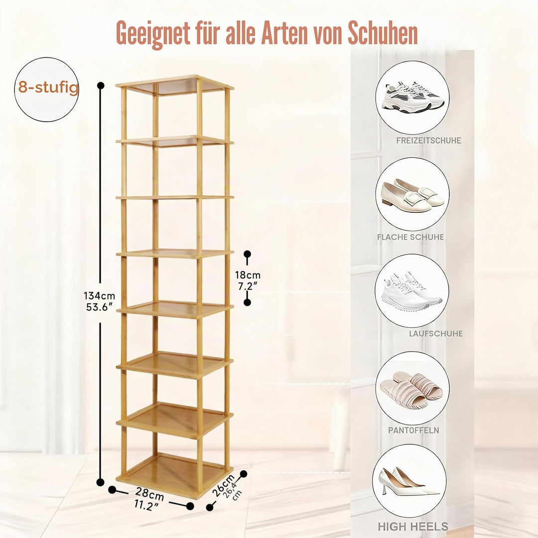 Aniston Bambus-Schuhregal, 8 Ebenen, vertikales Schuhregal für kleine Räume, freistehend, hoch, schm